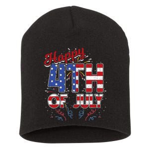 Fireworks Happy 4th Of July US Flag American 4th Of July Short Acrylic Beanie