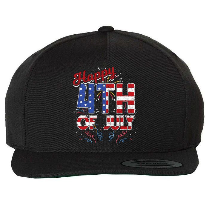 Fireworks Happy 4th Of July US Flag American 4th Of July Wool Snapback Cap
