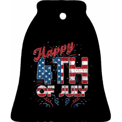 Fireworks Happy 4th Of July US Flag American 4th Of July (1) Ceramic Bell Ornament