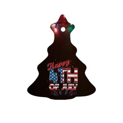 Fireworks Happy 4th Of July US Flag American 4th Of July (1) Ceramic Tree Ornament