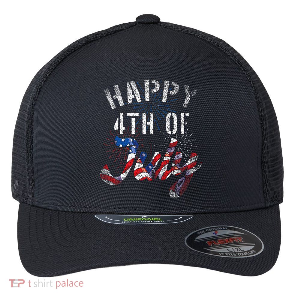 Fireworks Happy 4th Of July Us Flag American 4th Of July Flexfit Unipanel Trucker Cap