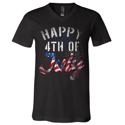 Fireworks Happy 4th Of July Us Flag American 4th Of July V-Neck T-Shirt