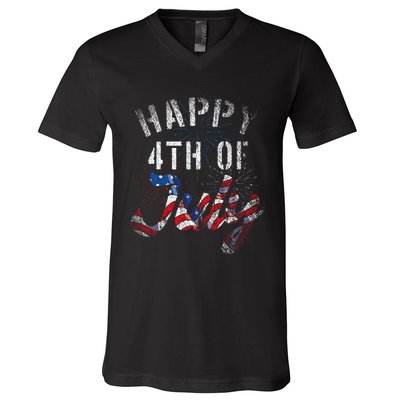 Fireworks Happy 4th Of July Us Flag American 4th Of July V-Neck T-Shirt