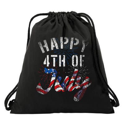 Fireworks Happy 4th Of July Us Flag American 4th Of July Drawstring Bag