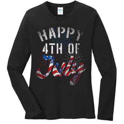 Fireworks Happy 4th Of July Us Flag American 4th Of July Ladies Long Sleeve Shirt