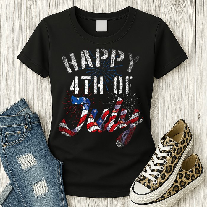 Fireworks Happy 4th Of July Us Flag American 4th Of July Womens T-Shirt
