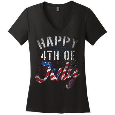 Fireworks Happy 4th Of July Us Flag American 4th Of July Women's V-Neck T-Shirt