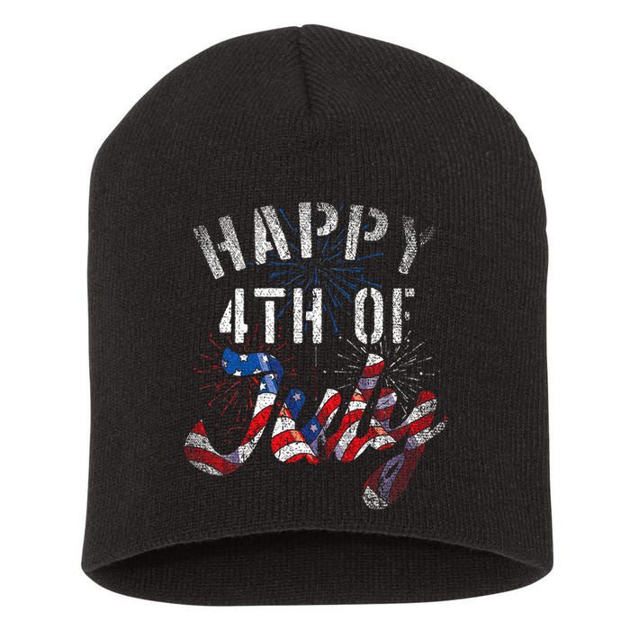 Fireworks Happy 4th Of July Us Flag American 4th Of July Short Acrylic Beanie