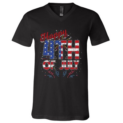 Fireworks Happy 4th Of July Us Flag American 4th Of July V-Neck T-Shirt