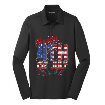 Fireworks Happy 4th Of July Us Flag American 4th Of July Silk Touch Performance Long Sleeve Polo