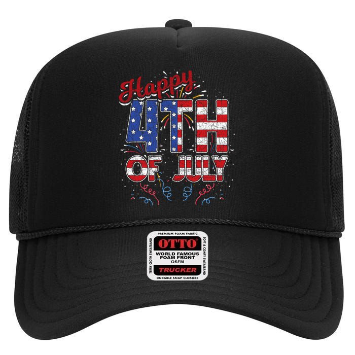 Fireworks Happy 4th Of July Us Flag American 4th Of July High Crown Mesh Back Trucker Hat