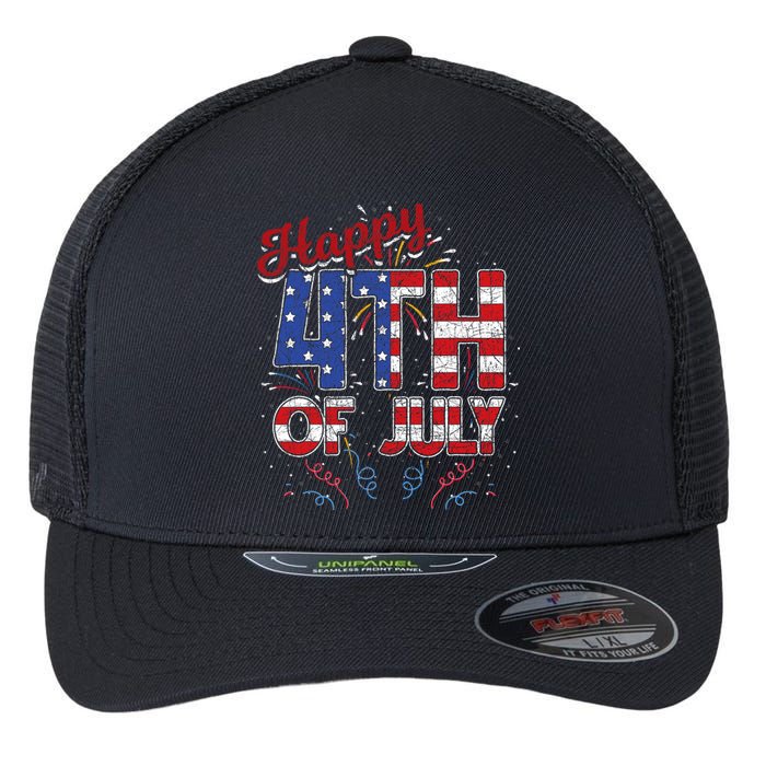 Fireworks Happy 4th Of July Us Flag American 4th Of July Flexfit Unipanel Trucker Cap