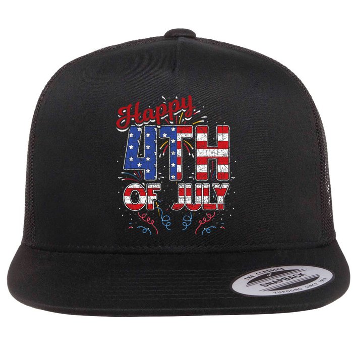 Fireworks Happy 4th Of July Us Flag American 4th Of July Flat Bill Trucker Hat