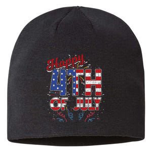 Fireworks Happy 4th Of July Us Flag American 4th Of July Sustainable Beanie