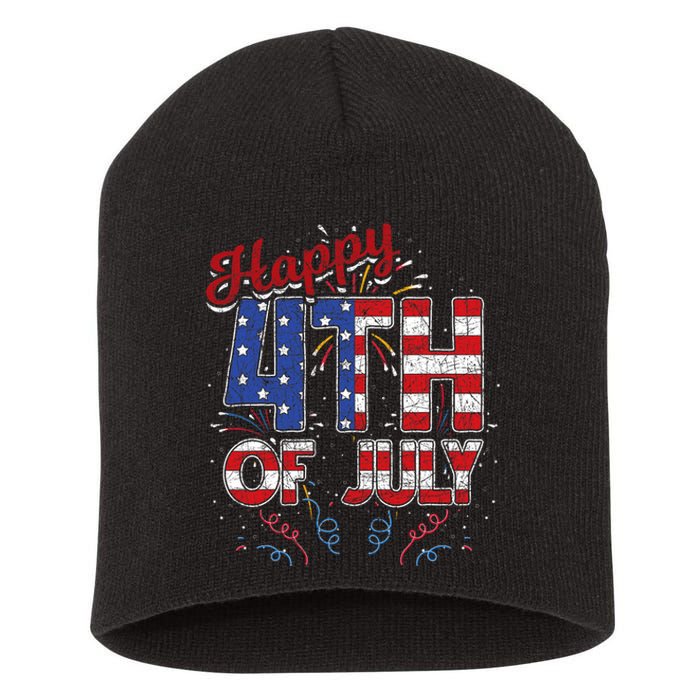 Fireworks Happy 4th Of July Us Flag American 4th Of July Short Acrylic Beanie