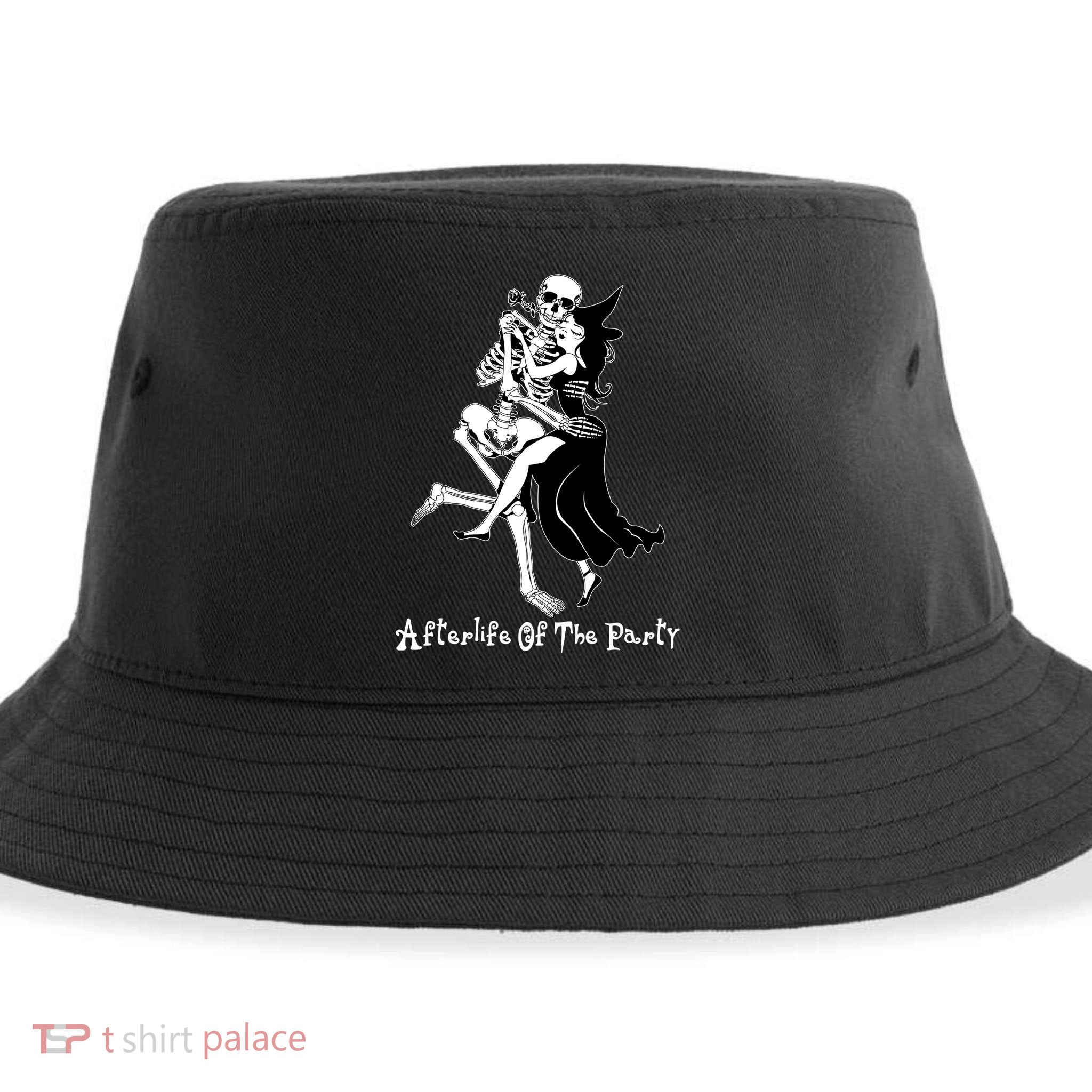 Funny Halloween Afterlife Of The Party Skeleton And Witch Sustainable Bucket Hat
