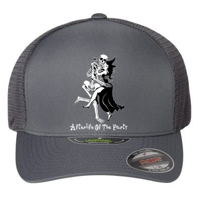 Funny Halloween Afterlife Of The Party Skeleton And Witch Flexfit Unipanel Trucker Cap