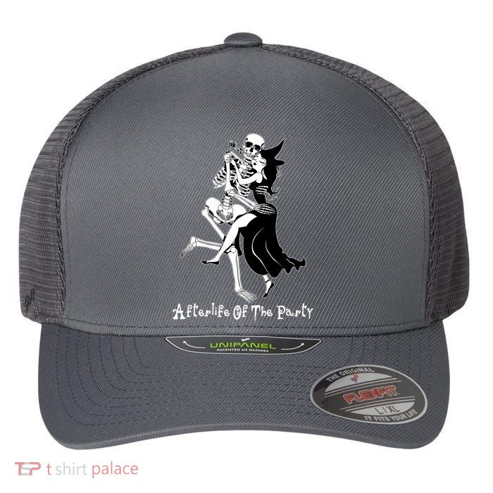 Funny Halloween Afterlife Of The Party Skeleton And Witch Flexfit Unipanel Trucker Cap