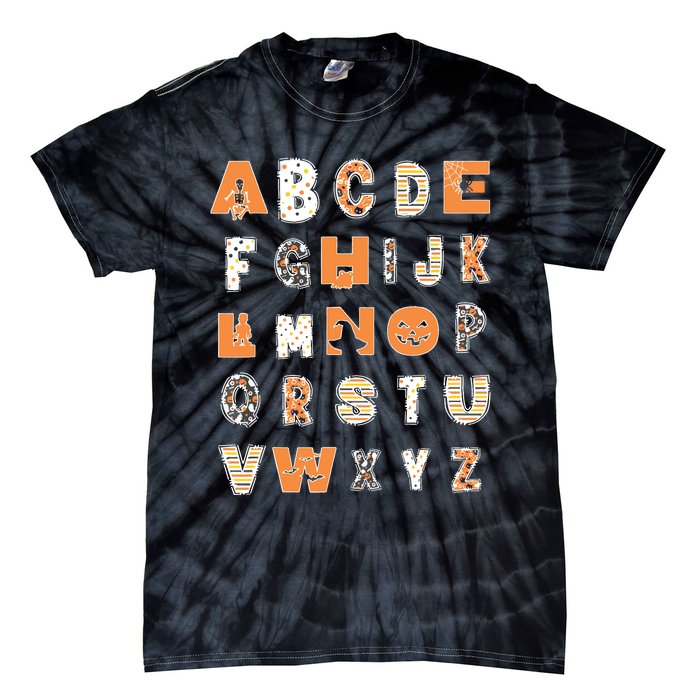 Funny Halloween Alphabet Teaching Gift Abcs Learning Teacher Tie-Dye T-Shirt