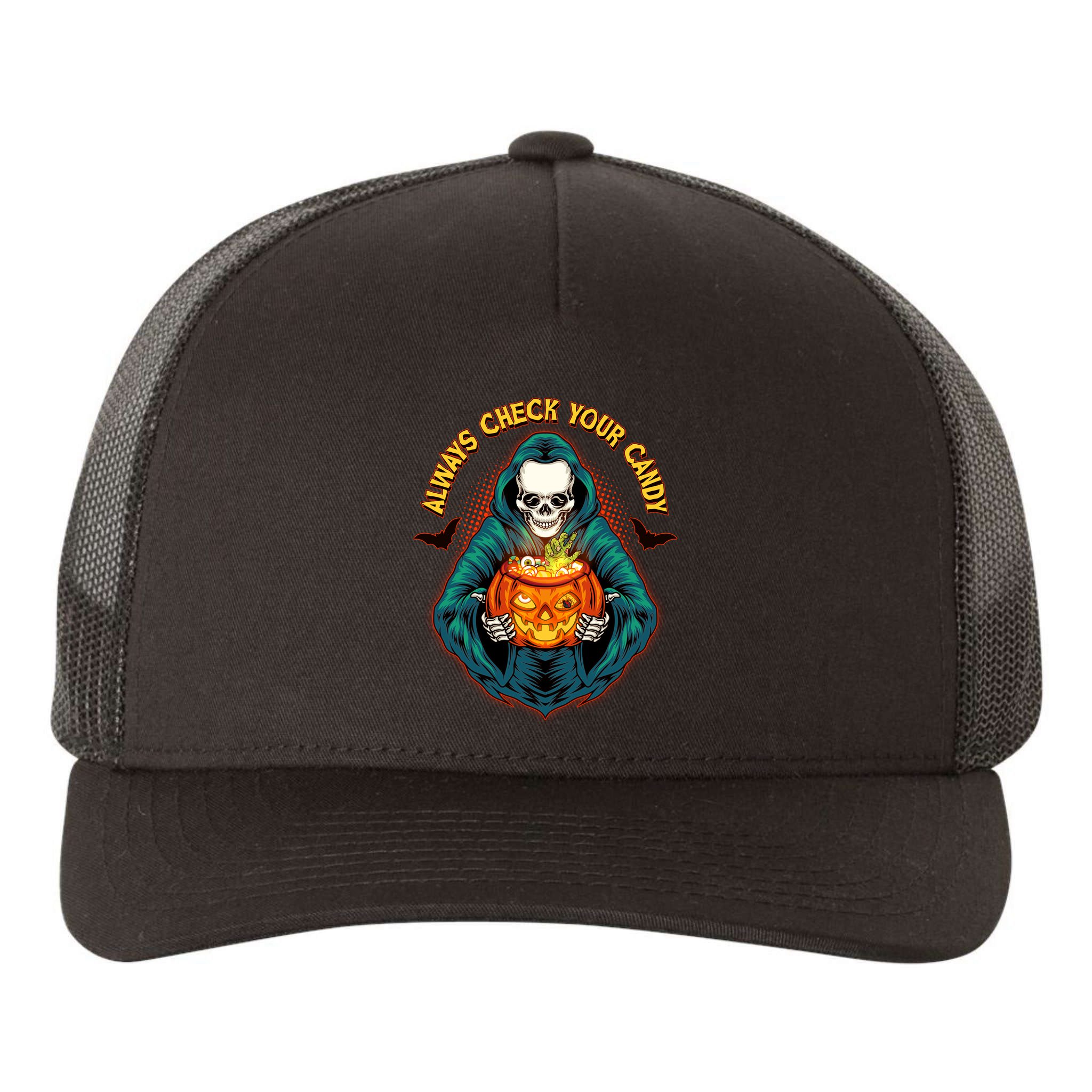 Funny Halloween Always Check Your Candy Skeleton Yupoong Adult 5-Panel Trucker Hat