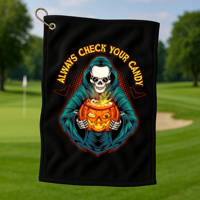 Funny Halloween Always Check Your Candy Skeleton Golf Towel