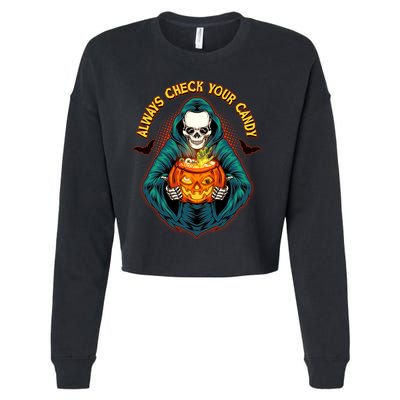 Funny Halloween Always Check Your Candy Skeleton Cropped Pullover Crew