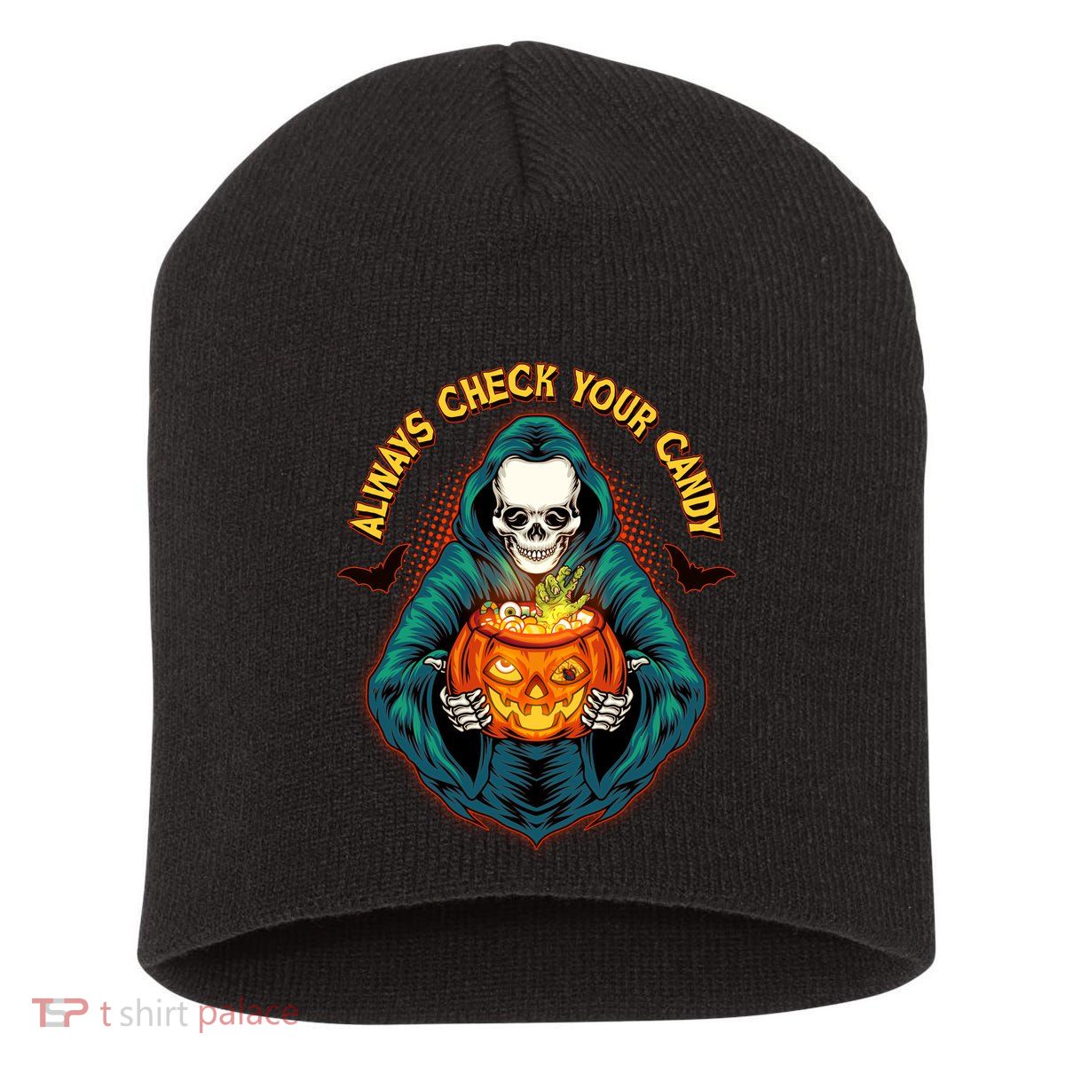 Funny Halloween Always Check Your Candy Skeleton Short Acrylic Beanie