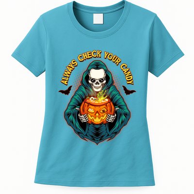 Funny Halloween Always Check Your Candy Skeleton Womens T-Shirt