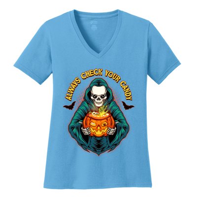 Funny Halloween Always Check Your Candy Skeleton Women's V-Neck T-Shirt