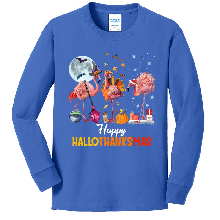 Flamingo Halloween And Merry Christmas Happy Hallothanksmas Great Gift Kids Long Sleeve Shirt