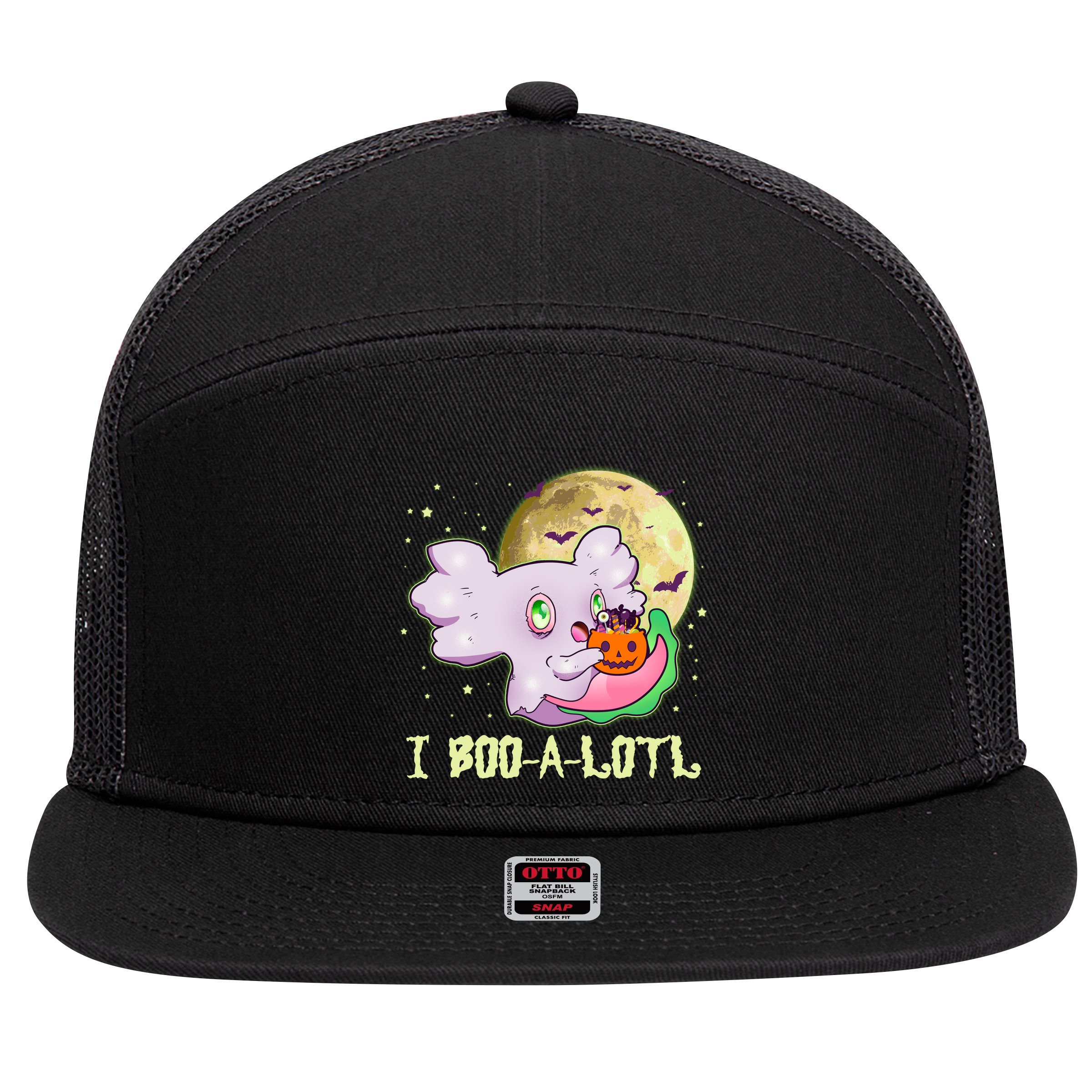 Funny Halloween Axolotl Ghost I Boo A Lotl 7 Panel Mesh Trucker Snapback Hat