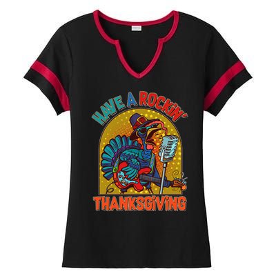 Funny Have A Rockin' Thanksgiving Rocker Turkey Ladies Halftime Notch Neck Tee