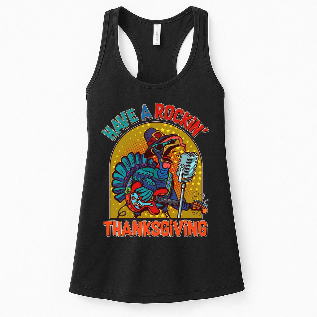 Funny Have A Rockin' Thanksgiving Rocker Turkey Womens Tank Top