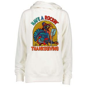 Funny Have A Rockin' Thanksgiving Rocker Turkey Womens Funnel Neck Pullover Hood