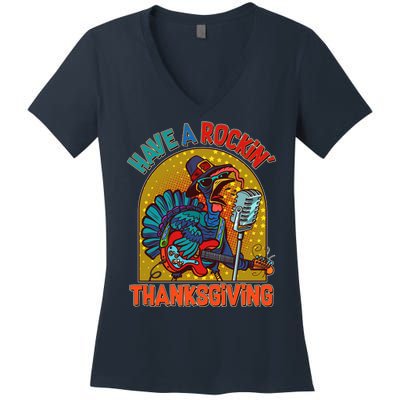 Funny Have A Rockin' Thanksgiving Rocker Turkey Women's V-Neck T-Shirt