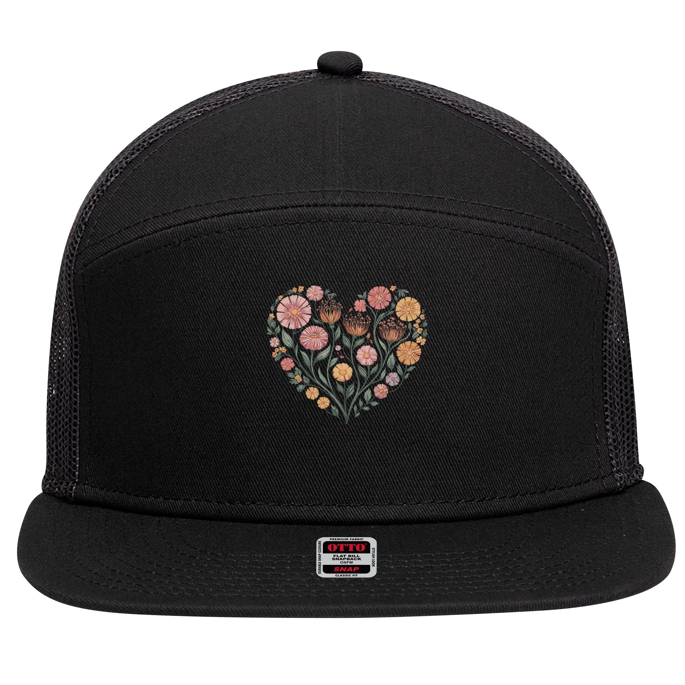 Flowers Heart Boho Wildflowers 7 Panel Mesh Trucker Snapback Hat