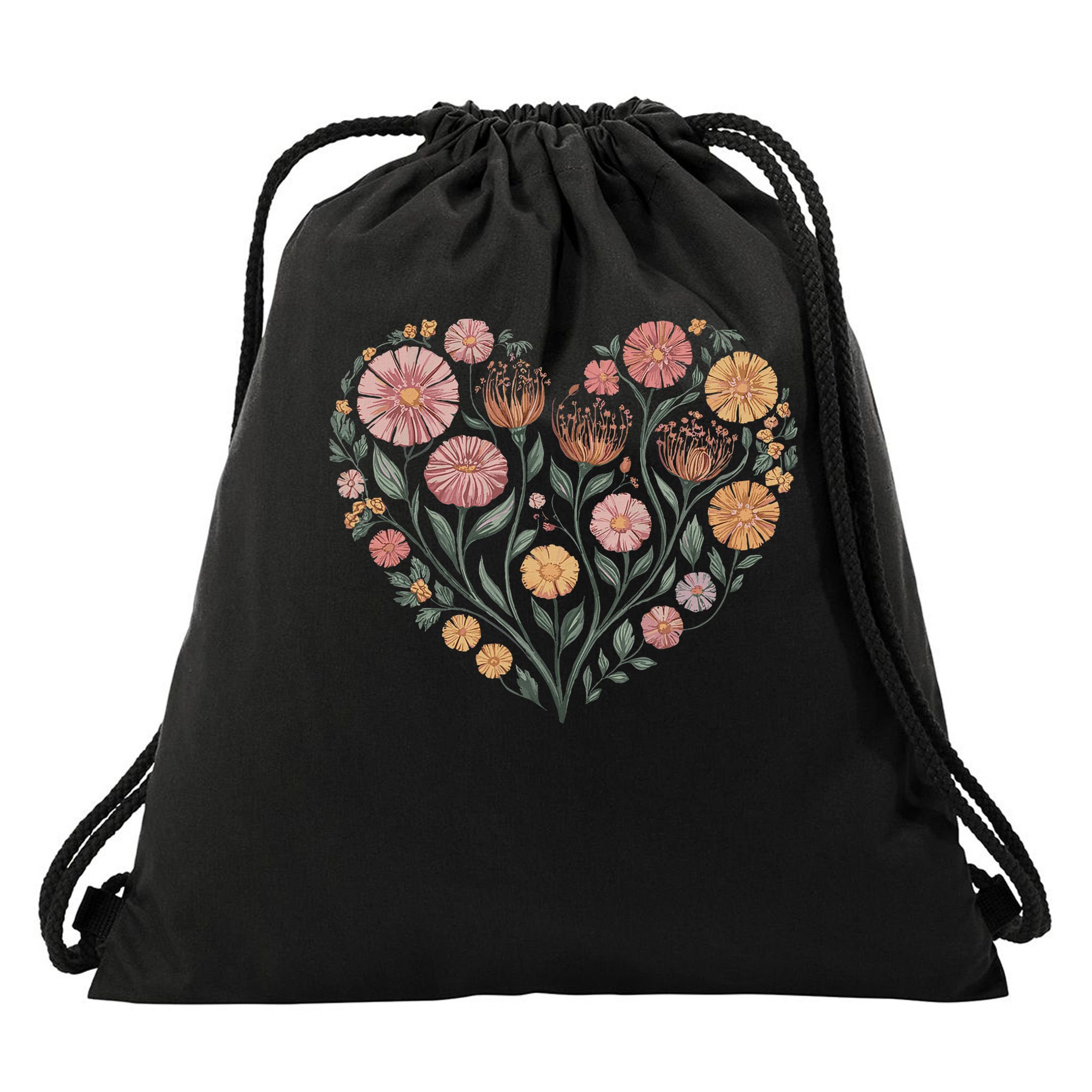 Flowers Heart Boho Wildflowers Drawstring Bag