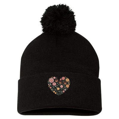 Flowers Heart Boho Wildflowers Pom Pom 12in Knit Beanie