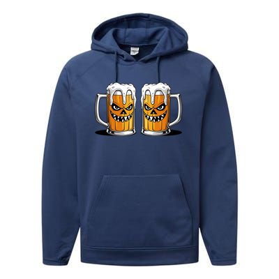 Funny Halloween Beer Lover Scary Pumpkin Face Design Performance Fleece Hoodie