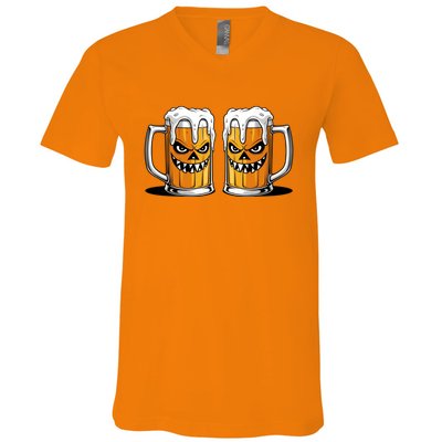 Funny Halloween Beer Lover Scary Pumpkin Face Design V-Neck T-Shirt