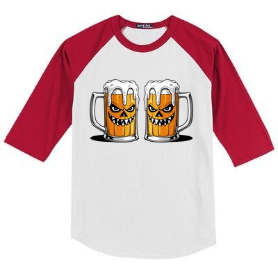 Funny Halloween Beer Lover Scary Pumpkin Face Design Kids Colorblock Raglan Jersey