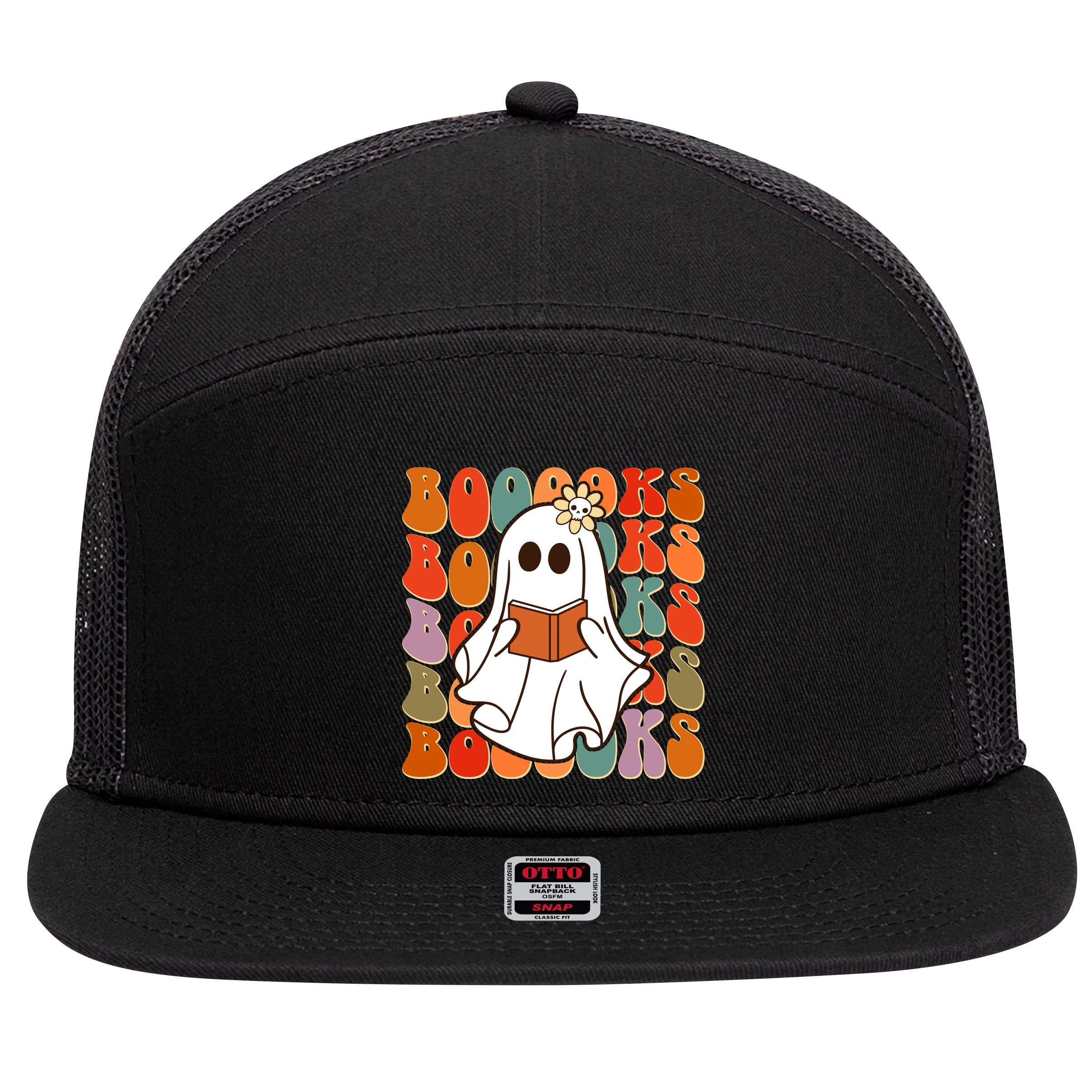 Funny Halloween Booooks Cute Book Lover Ghost 7 Panel Mesh Trucker Snapback Hat