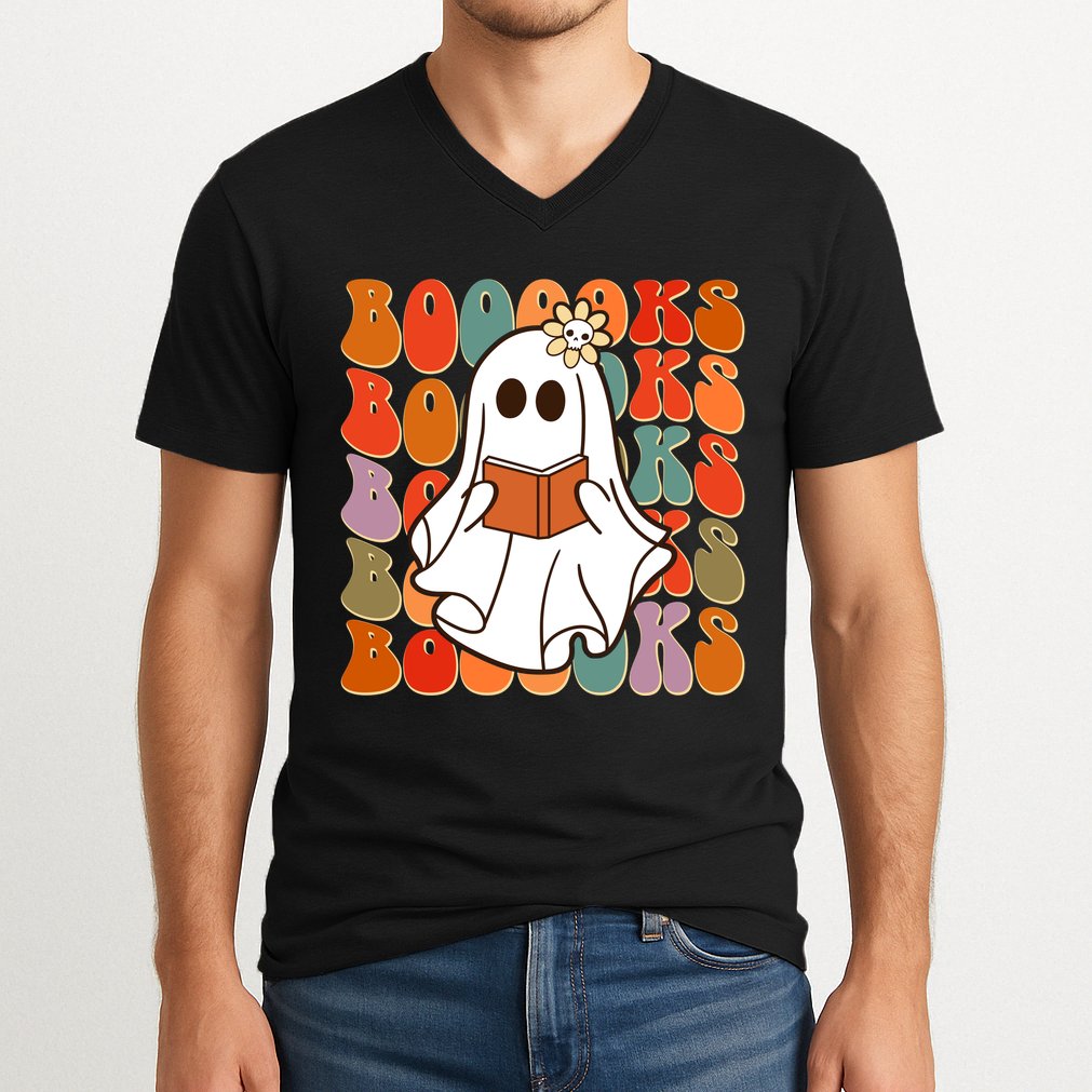 Funny Halloween Booooks Cute Book Lover Ghost V-Neck T-Shirt