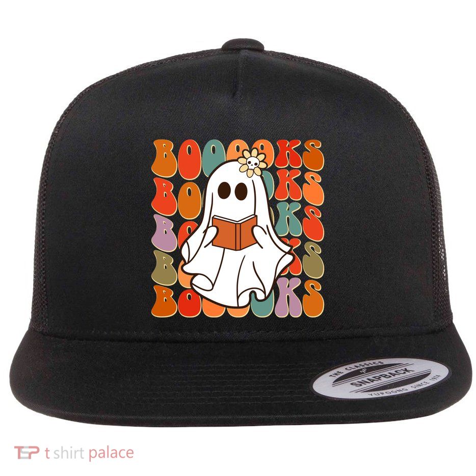 Funny Halloween Booooks Cute Book Lover Ghost Flatbill Hat