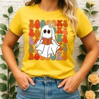 Funny Halloween Booooks Cute Book Lover Ghost Womens T-Shirt