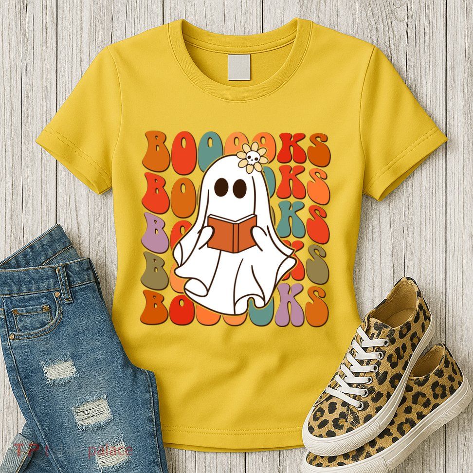Funny Halloween Booooks Cute Book Lover Ghost Womens T-Shirt