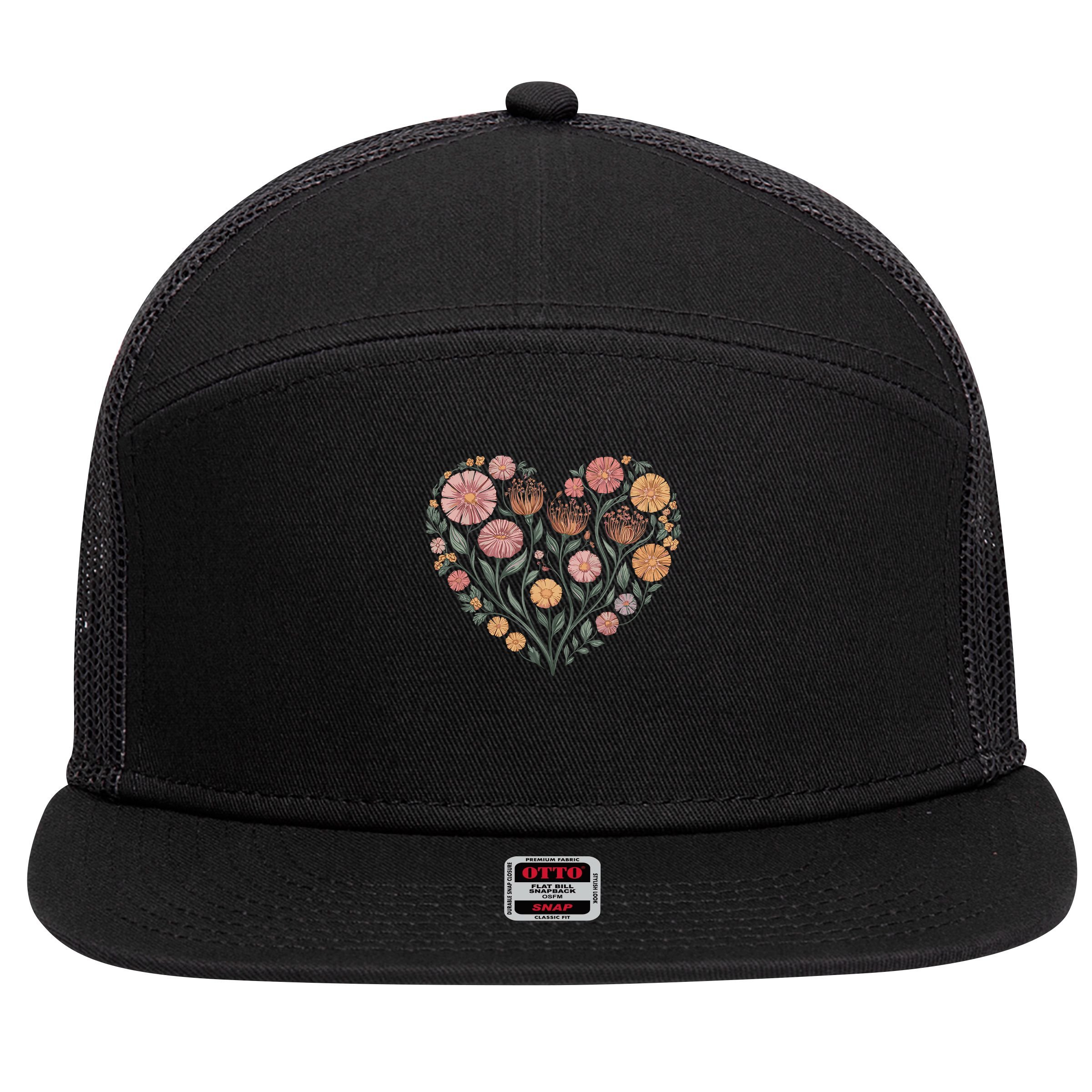 Flowers Heart Boho Wildflowers 7 Panel Mesh Trucker Snapback Hat