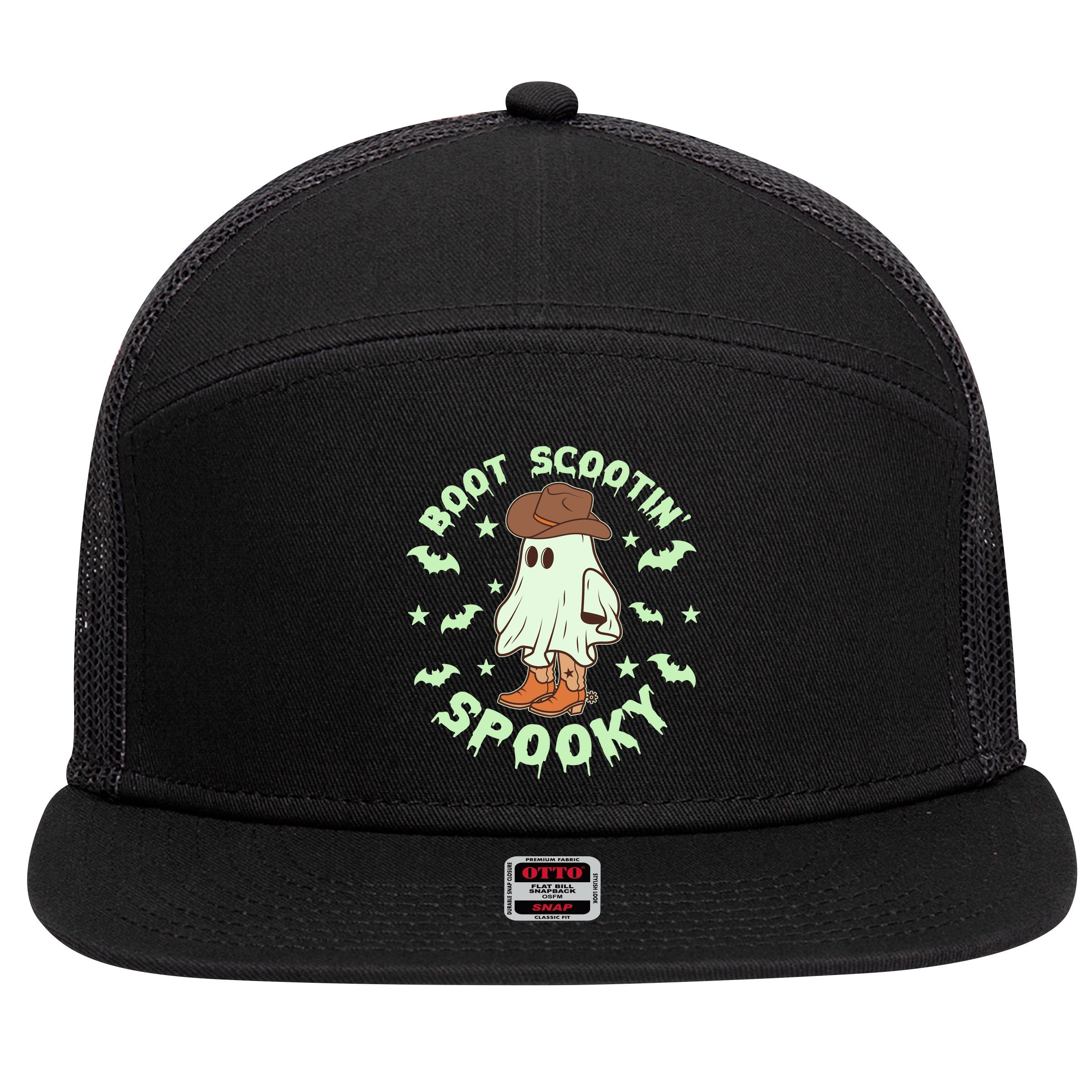 Funny Halloween Boot Scootin Spooky Cowboy Ghost 7 Panel Mesh Trucker Snapback Hat