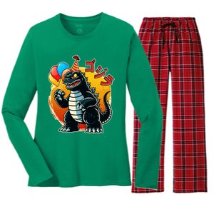 Funny Happy Birthday Japanese Kaiju Monster Women's Long Sleeve Flannel Pajama Set 