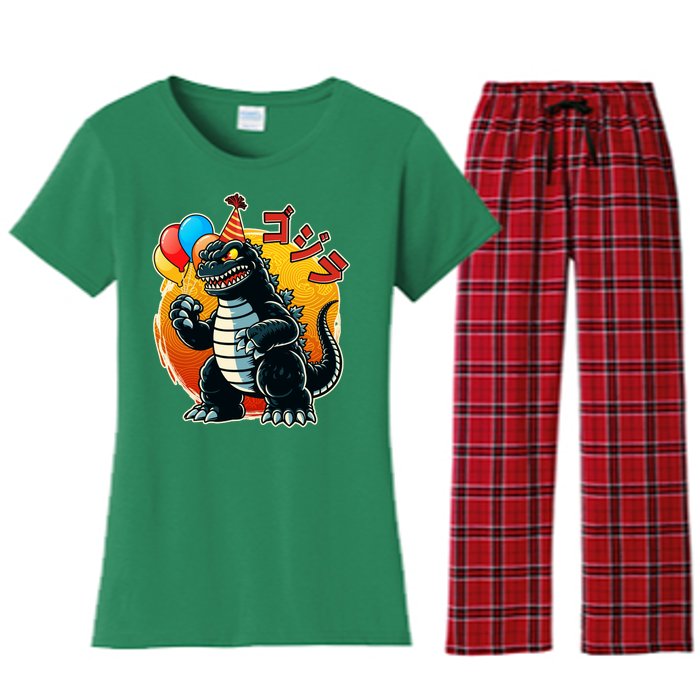 Funny Happy Birthday Japanese Kaiju Monster Women's Flannel Pajama Set